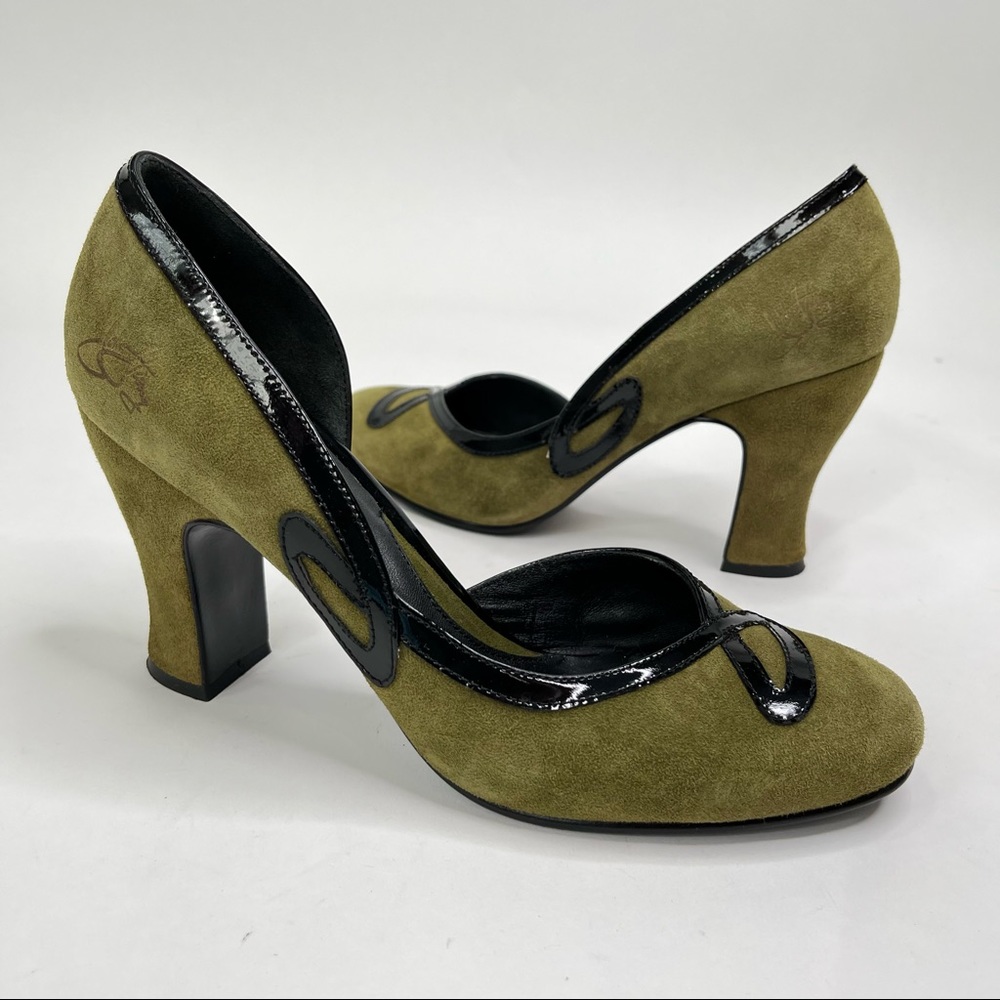 John Fluevog Miracles Cana Olive Green Suede Retro Pin-up Heels